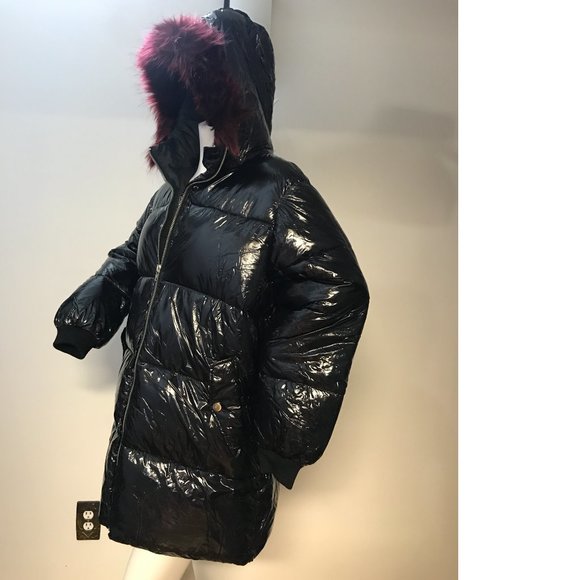 F21 PLUS SIZE black shiny hooded puffer parka coat jacket burgundy red fox fur - Picture 4 of 9